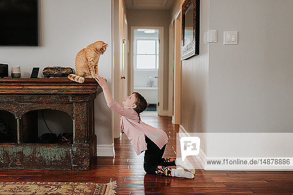 Girl playing with cat at home
