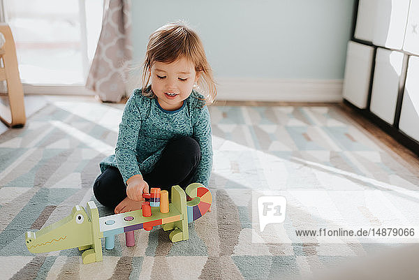 Weibliches Kleinkind spielt mit Spielzeug auf dem Wohnzimmerteppich
