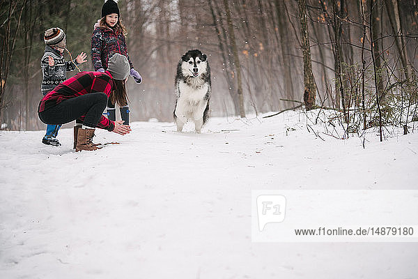 Family with pet dog playing in snow landscape