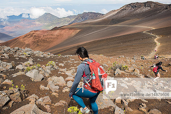 Hikers on hiking trail  Haleakala National Park  Maui  Hawaii