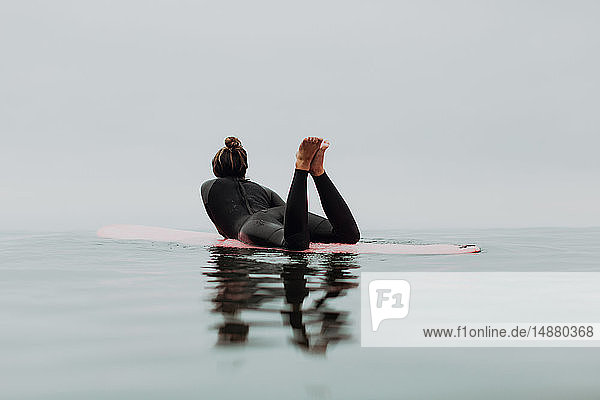 Junge Surferin liegt auf einem Surfbrett in ruhiger  nebliger See  Rückansicht  Ventura  Kalifornien  USA