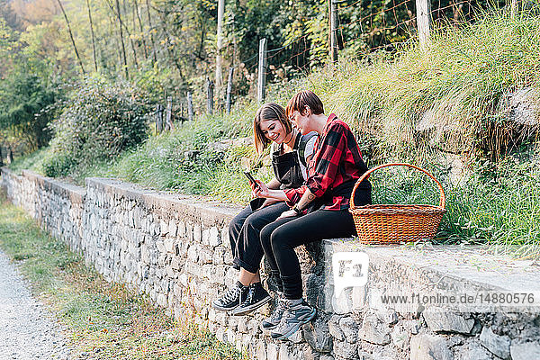 Beste Freunde sitzen auf einer Steinmauer und tauschen Textnachrichten aus  Rezzago  Lombardei  Italien