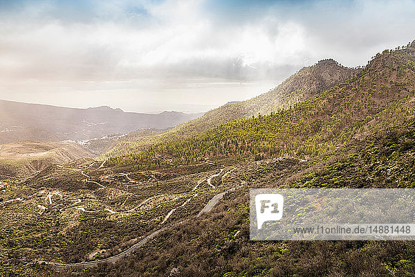 Mountainous landscape with rural roads  high angle view  San Bartolome de Tirajana  Canary Islands  Spain