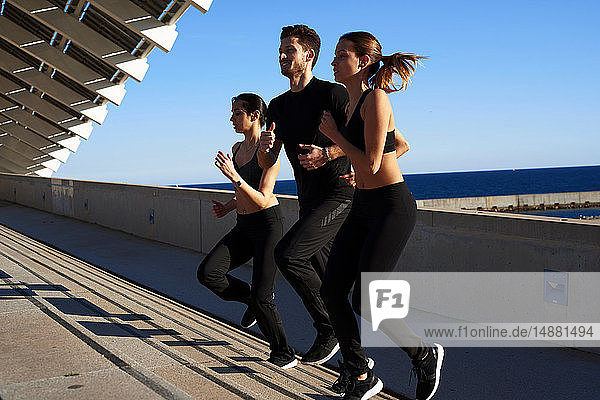 Freunde joggen Treppenstufen im Sportstadion hoch