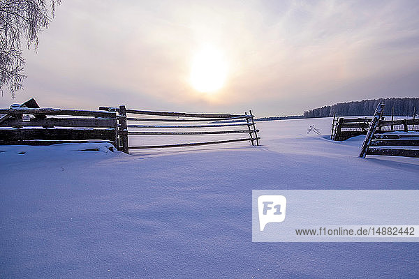 Snow covered landscape and fence at sunset