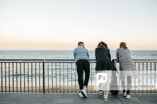 Rear view of three friends standing at the sea