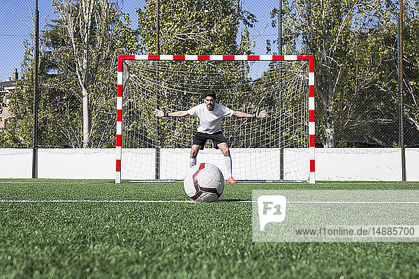 Football on grass with goalkeeper in the background
