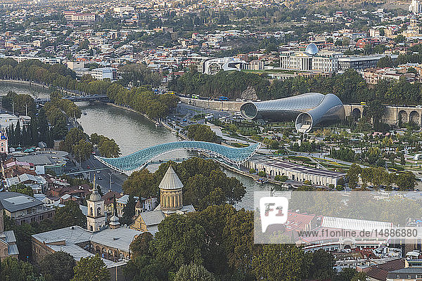 Georgia  Tbilisi  view from fortress Narikala on old town with Bridge of Peace  concert hall and parliament