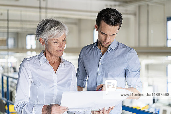 Businessman and senior businesswoman looking at plan in a factory