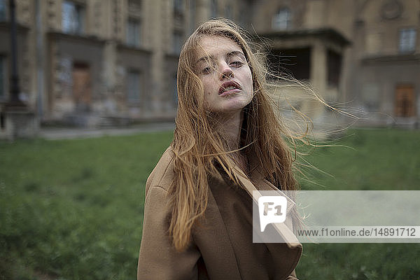 Windswept young woman