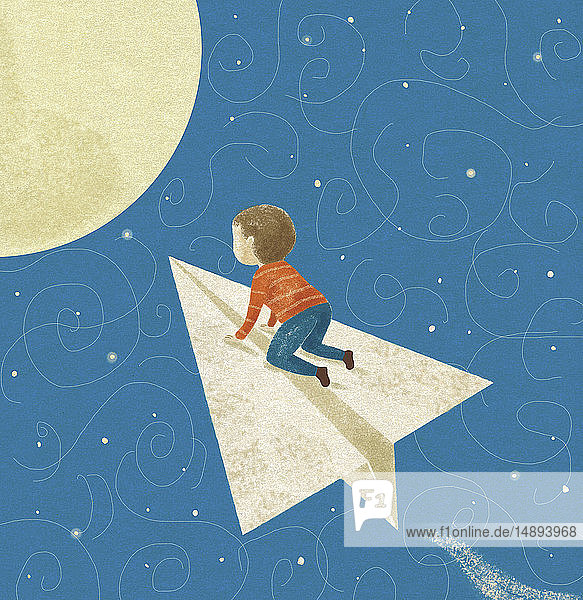 Kleiner Junge fliegt mit Papierflugzeug zum Mond