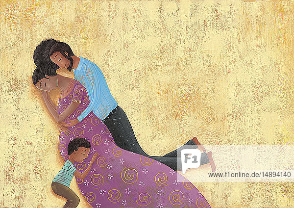 Glücklicher Vater und Sohn umarmen die schwangere Mutter