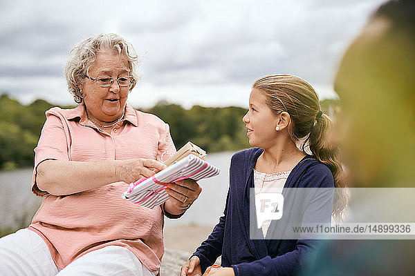 Großmutter schenkt Enkelin im Park während eines Picknicks