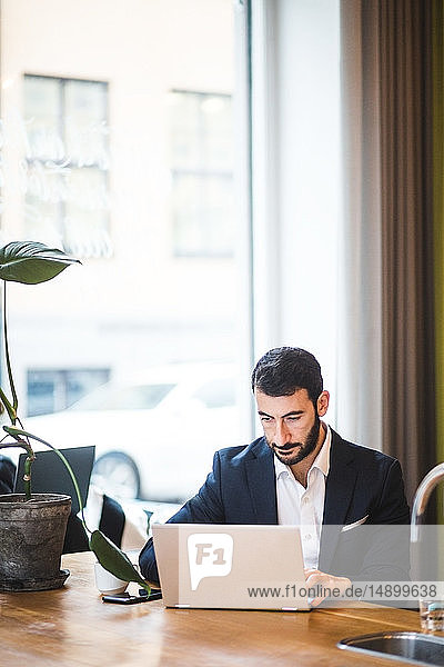 Männlicher Unternehmer benutzt Laptop  während er im Büro am Tisch sitzt