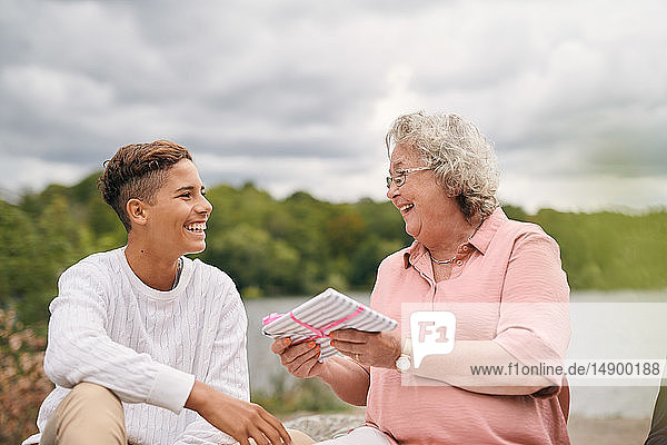 Cheerful grandmother giving gift to grandson in park on lakeshore during picnic