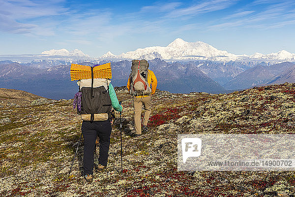 Mann und Frau wandern mit dem Rucksack durch die herbstlich gefärbte Tundra in Richtung Denali auf dem Kesugi Ridge Trail  Denali State Park  Süd-Zentral-Alaska; Alaska  Vereinigte Staaten von Amerika