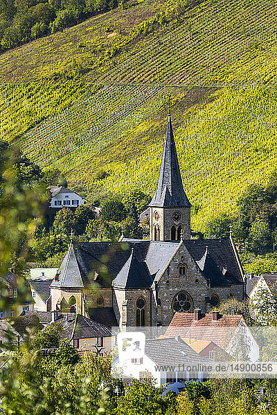 Steinkirche mit Glockenturm im Dorftal mit steilen Weinbergshängen im Hintergrund; Serrig  Deutschland