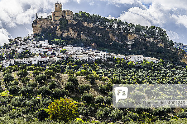 Ruinen einer maurischen Burg auf einer Hügelkuppe mit Häusern und einem Olivenhain am Hang; Montefrio  Provinz Granada  Spanien