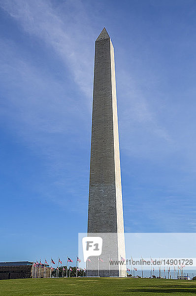 Washington Monument mit amerikanischen Flaggen darunter; Washington DC  Vereinigte Staaten von Amerika