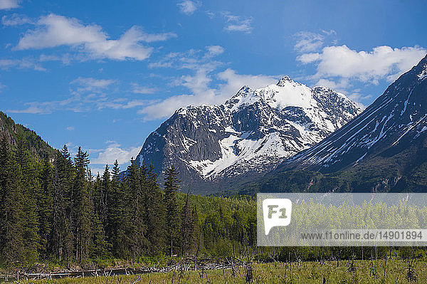 A landscape of a mountain valley in Eagle River on a warm summer afternoon in South-central Alaska; Alaska  United States of America