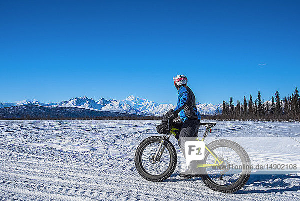 A man riding a fatbike on the Chulitna Bluff Trail on a sunny winter day. The Alaska Range and 20 230' Mount Denali (McKinley) in seen in the background  South-central Alaska; Alaska  United States of America