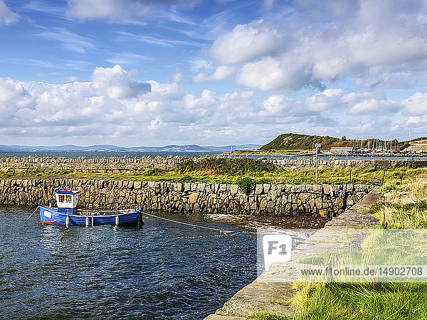 Ein kleines Boot  das am Ufer des Strangford Lough vertäut ist; Kirkubben  County Down  Irland