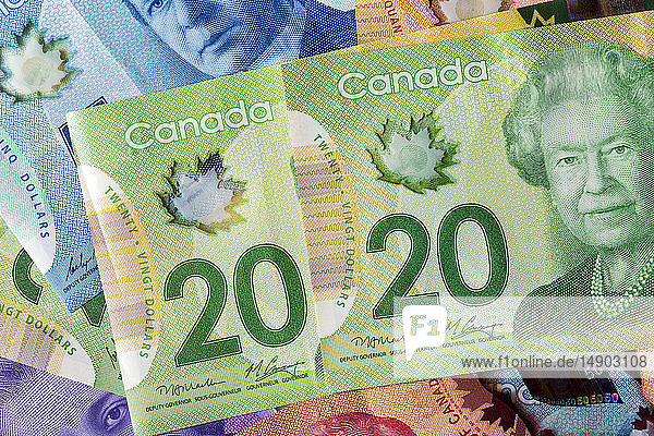 Close-up of two 20 Canadian dollars with other colourful Canadian money in the background