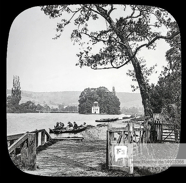 Magic lantern slide circa 1880.Victorian/Edwardian.Social History. Slide set: The River Thames: from its head springs to the sea  lecture. Regatta Island.-An important gathering of amateur oarsmen takes place at Henley every year on the occasion of its annual Regatta  about july ; then  the mile and a quarter between this island (which is the starting point) and Henley Bridge is thronged by so numerous an assortment of steam launches  skiffs  gigs  punts  dingeys  canoes  and .every other descrip­tion of boat  that makes it difficult to keep the course clear for the races. The old summer house  standing alone at the head of the island  is at all times a con­ spicuous object.