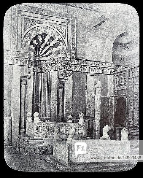 Magic lantern slide circa 1900.Victorian/Edwardian.Social History.Mausoleum of Sultan Al Zaher Barquq and sons at the complex of Al Nasr Farag Ibn Barquq complex located at the city of the dead  Cairo  Egypt