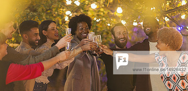 Friends celebrating  toasting champagne at dinner garden party
