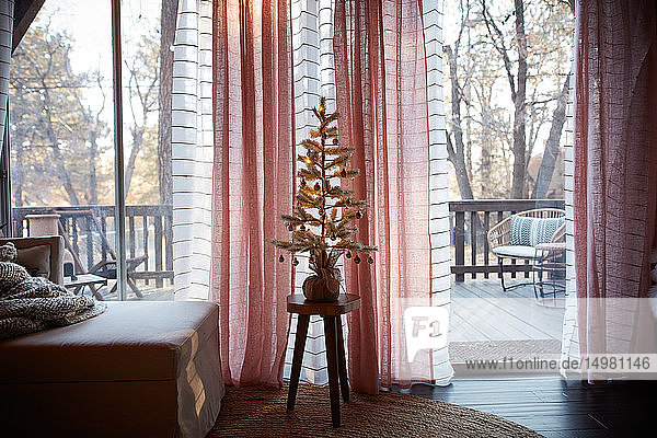 Geschmückter Weihnachtsbaum im Wohnzimmer  Veranda im Hintergrund