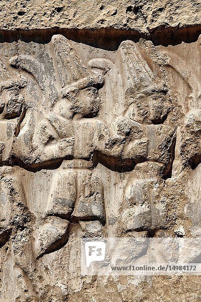Close up of the sculpture of the twelve gods of the underworld from the 13th century BC Hittite religious rock carvings of Yazilikaya Hittite rock sanctuary  chamber B  Hattusa  Bogazale  Turkey.