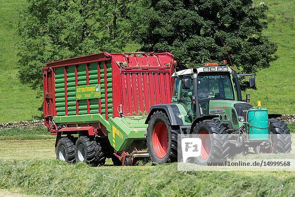 Making silage crop in the Yorkshire Dales with a Strautmann Forage Wagon being pulled by a Fendt tractor