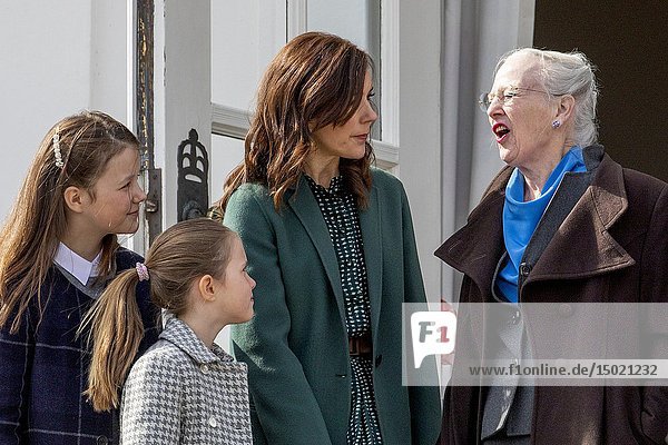 Aarhus Queen Margrethe Of Denmark Flanked By Crown Prince Frederik Crown Princess Mary And Their Children Prince Christian Princess Isabella And Twins Princess Josephine And Prince Vincent Waves To The Crowd