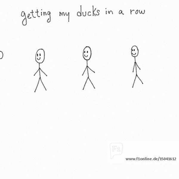 Drei Strichmännchen in einer Reihe ducken sich vor einem fliegenden Objekt  die Phrase ''Getting my Ducks in a Row'' erscheint auf weißem Hintergrund Animation''