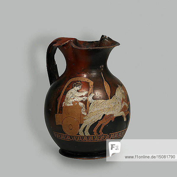 Rotfigurige Oenochoe: ein von zwei Ziegen gezogener Wagen  4. Jahrhundert v. Chr. Schöpfer: Kunst des antiken Roms  attische Kunst.