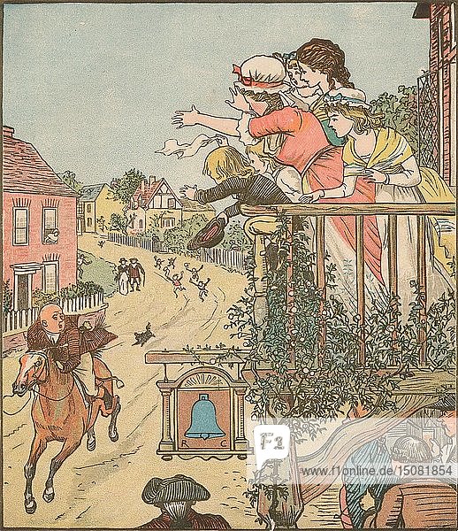 John Gilpin galoppiert am Bell Inn vorbei  während seine Frau und seine Kinder ihm vom Balkon aus zuwinken  1878  (c1918). Schöpfer: Randolph Caldecott.