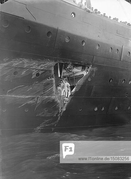 Hole torn in the hull of 'RMS Olympic' after the collision with 'HMS Hawke' in the Solent  1911. Creator: Kirk & Sons of Cowes.