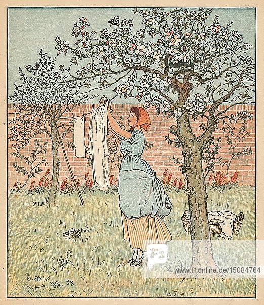 Das Dienstmädchen war im Garten und hängte die Wäsche auf   1880. Schöpfer: Randolph Caldecott.