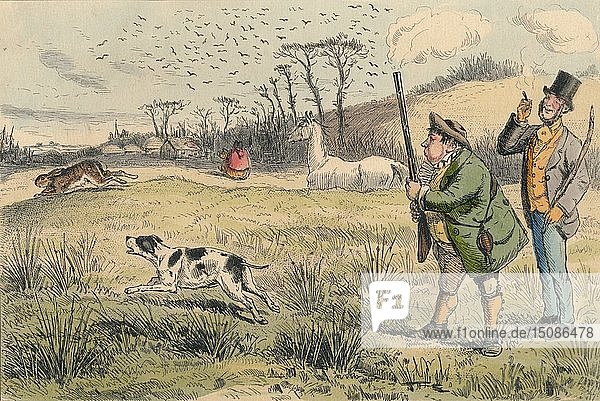 Mr. Jogglebury Crowdey mit seinem Hund und seinem Gewehr   um 1860. Schöpfer: John Leech.