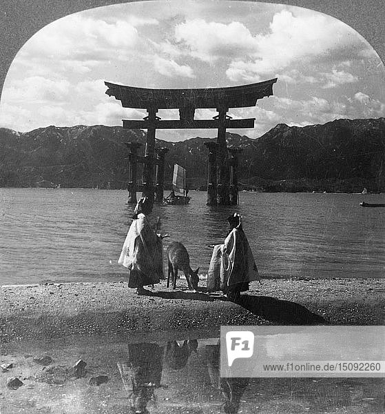 'The Far-famed Seagirt Torii of Miyajima. Quaint Gateway to the Famous Shinto Shrine  Japan'  1905. Creator: Keystone View Company.