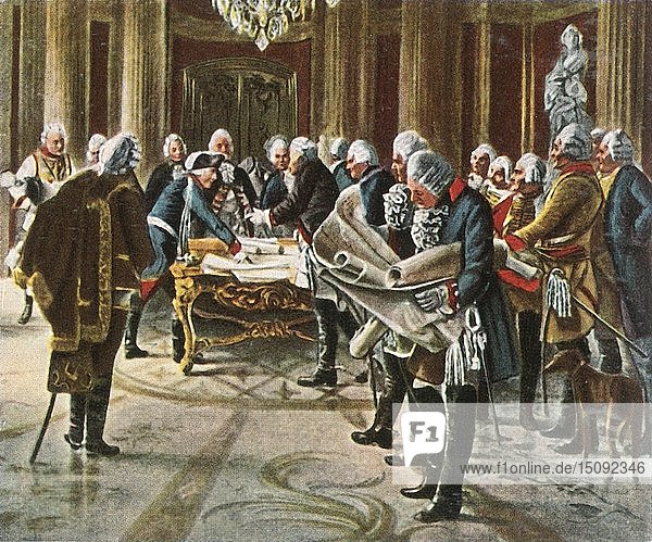Friedrich der Große hält einen Kriegsrat mit seinen Generälen ab  August 1756  (1936). Schöpfer: Unbekannt.