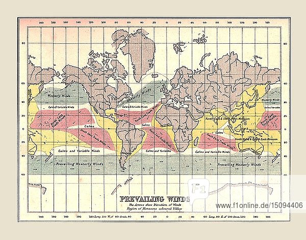 World Map showing Prevailing Winds  1902. Creator: Unknown.