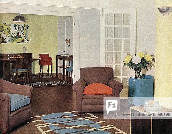 Esszimmer und Wohnzimmer in einer rekonstruierten Londoner Wohnung für Mrs. Harry Ewbank in Bryanston Court Schöpfer: Unbekannt.
