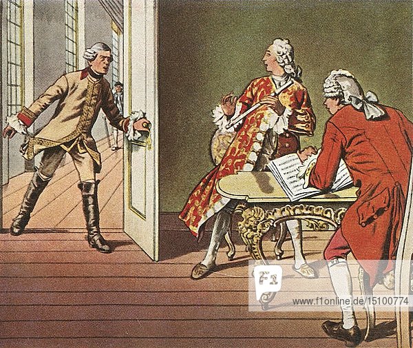 Der Kronprinz und sein Musiklehrer werden während einer Flötenstunde unterbrochen  1729  (1936). Schöpfer: Unbekannt.