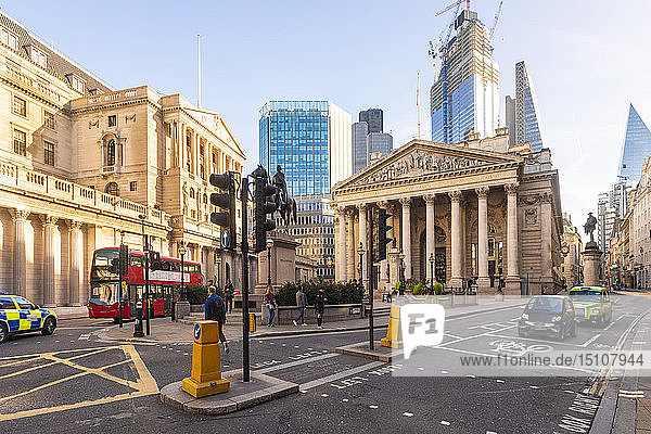 UK London Royal stock exchange with London Troops War Memorial and the Shard in the background