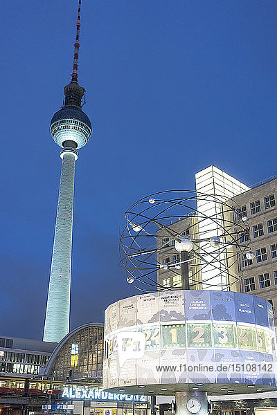 Germany Berlin Alexanderplatz illuminated television tower and world clock