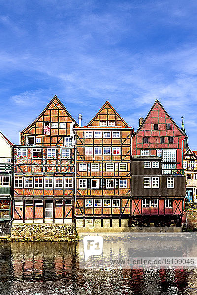 Fachwerk- und Giebelhäuser am Fluss Ilmenau  Lüneburg  Deutschland