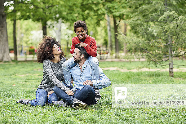 Glückliche Familie sitzt auf Gras in einem Park