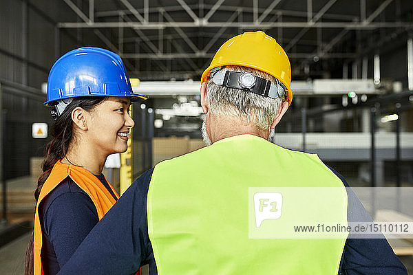 Männliche und weibliche Arbeitnehmer arbeiten in der Fabrik zusammen
